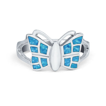 Lab Created Blue Opal Split Shank Butterfly Ring Round 925 Sterling Silver